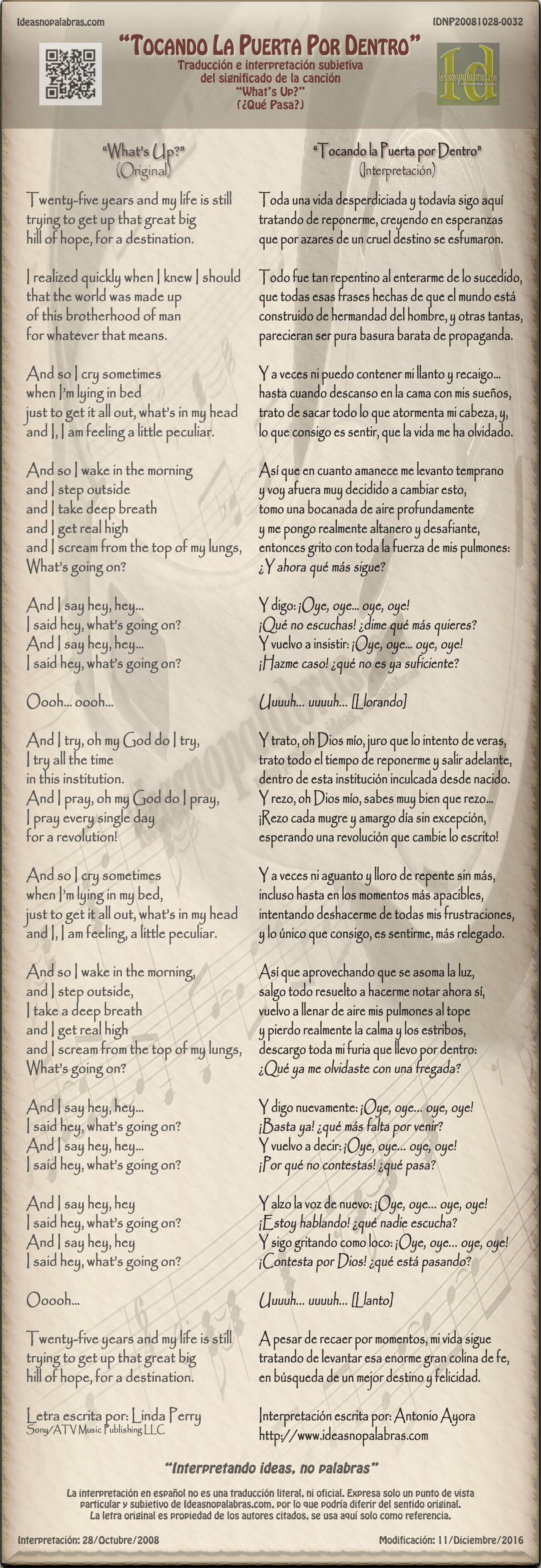 Coro enjuague Dios 4 Non Blondes: What's Up (Traducción: Qué Pasa) Interpretación: Tocando La Puerta Por Dentro | Ideasnopalabras Coro enjuague Dios 4 Non Blondes: What's Up (Traducción: Qué Pasa) Interpretación: Tocando La Puerta Por Dentro | Ideasnopalabras